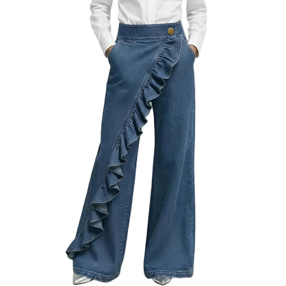 Retro high waist wide leg denim trousers ruffle women blue black


