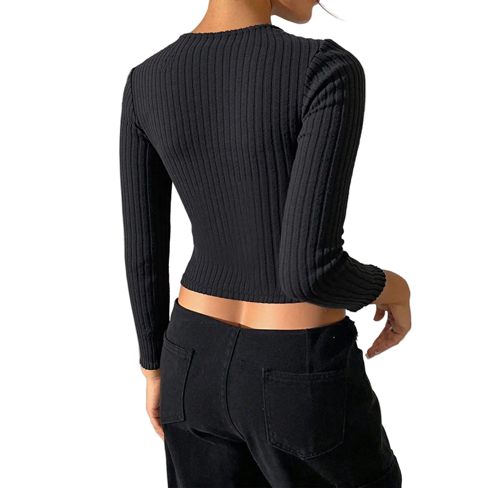 Button front crop top black - long sleeve round neck sweater for casual layered looks


