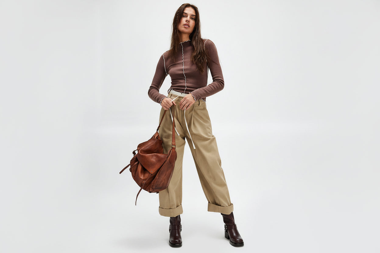 Contrast seam long sleeve top - fitted brown ribbed shirt with white detail for women

