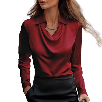 Cocktail party satin blouse ruched detail lapel collar long sleeve dressy top

