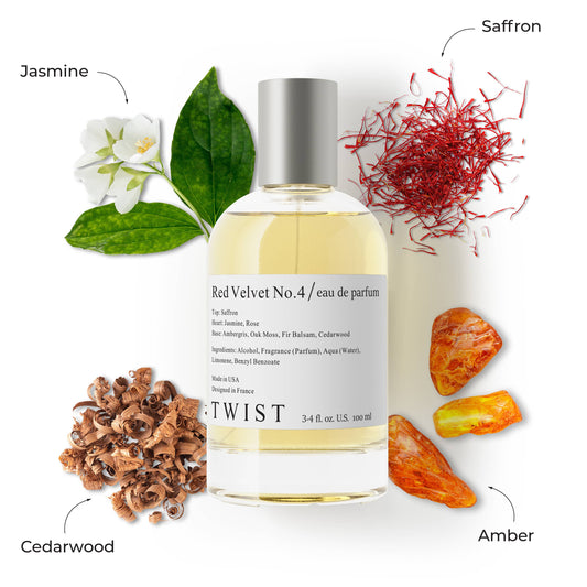 Perfume bottle labeled 'Red Velvet No.4' with floral, spice, and amber elements 