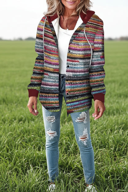 Plaid hooded button pocket coat with princess sleeves in multicolor – front view, short coat length above hip
