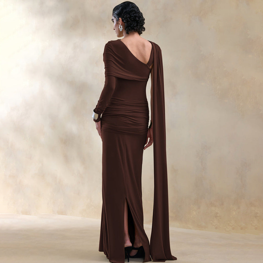 Draped Cape-Sleeve Column Maxi Dress – view 4