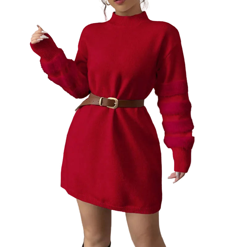 Close-up of luxe faux fur trim detail on plush mini dress neckline

