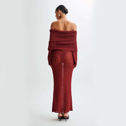 One-shoulder knitted long sleeve bodycon maxi dress in burgundy  