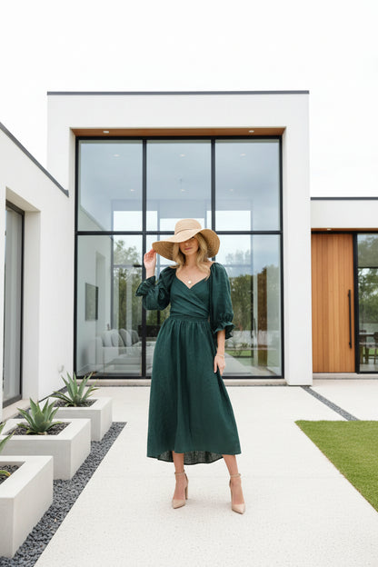 V-neck reversible midi dress in emerald green – front view, lantern sleeve detail and relaxed mid waist fit

