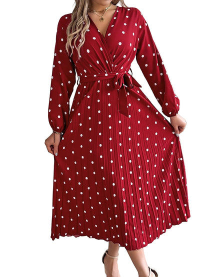 Cross V-neck polka dot contrast long sleeve pleated maxi dress in wine red – front view, high waist silhouette

