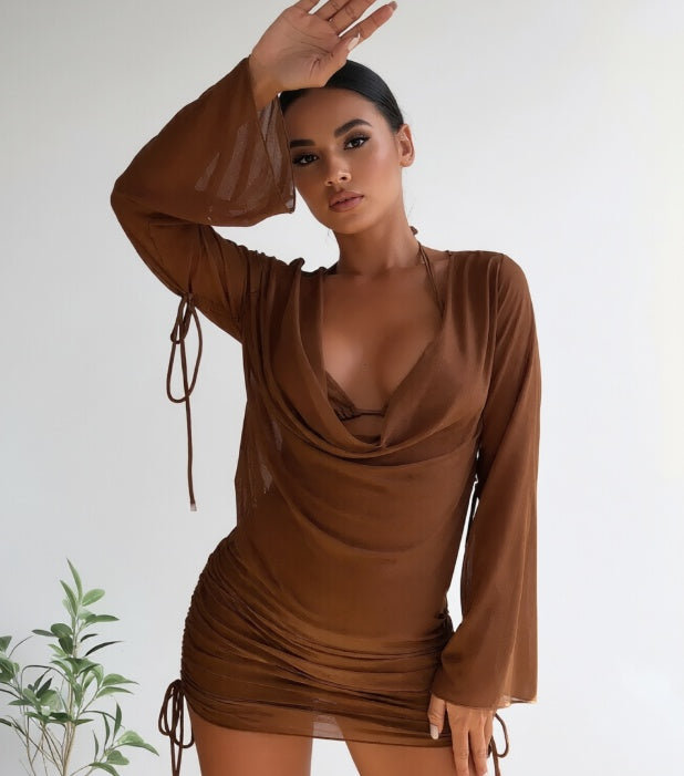 Brown Mesh Ruched Mini Dress with Draped Cowl Neck, Long Sleeves, and Side Tie Detail
