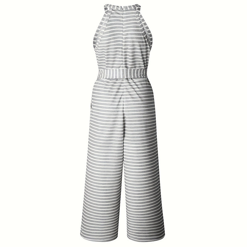Women's wide leg jumpsuit in breathable fabric with vertical stripes

