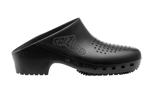 Black clog shoe with calzuro branding