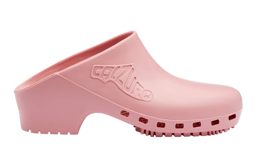 Pink clog shoe with 'Crocs' branding 