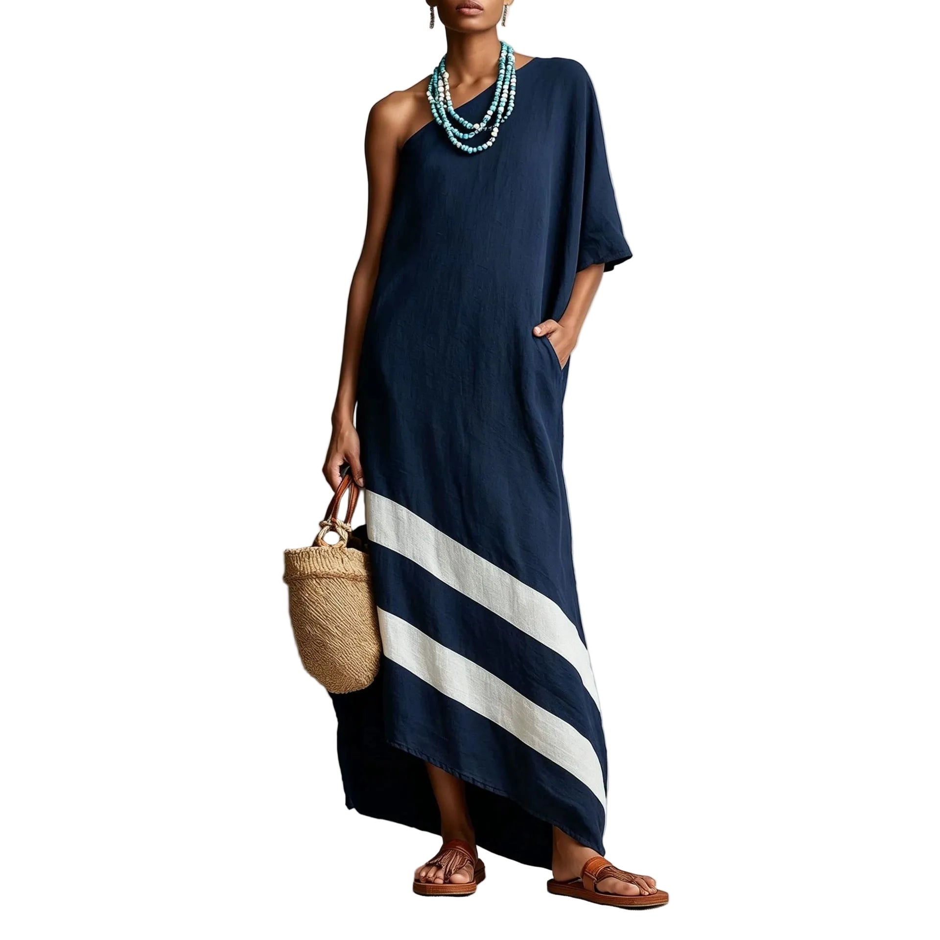 Oversized One-Shoulder Linen-Blend Maxi Dress with Diagonal White Colour-Block Panels and Hi-Low Hem
