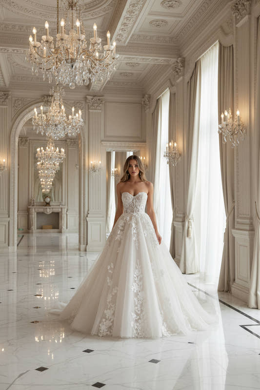 Strapless lace bridal gown with flowing long skirt in white and ivory white

