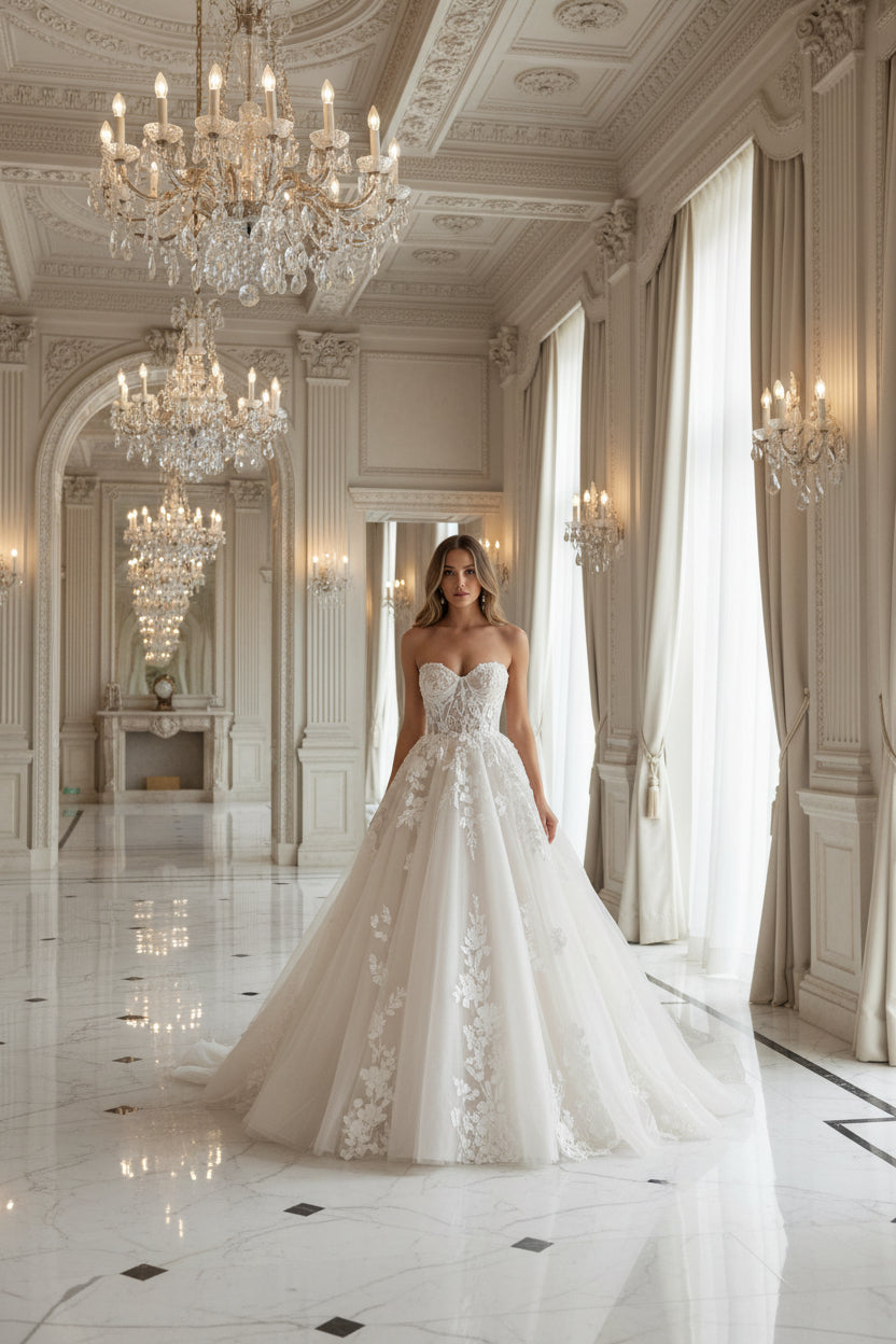 Strapless lace bridal gown with flowing long skirt in white and ivory white

