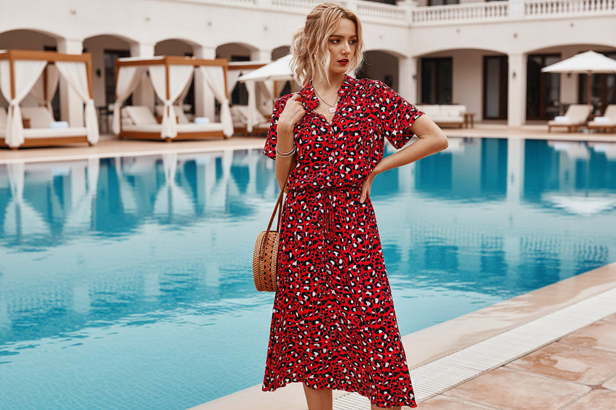 Women's shirt dress in polka dot print with short sleeves and midi hemline

