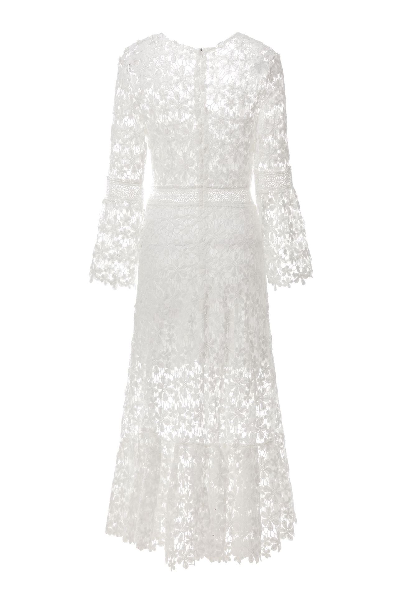 white floral crochet lace maxi dress women bell sleeve mid length
