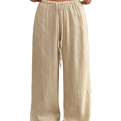 Wide leg crinkle casual pants in khaki – front view, elastic drawstring waist and floor-length silhouette


