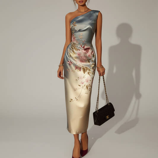 European-Made One-Shoulder Floral Gradient Midi Dress with Structured Drape
