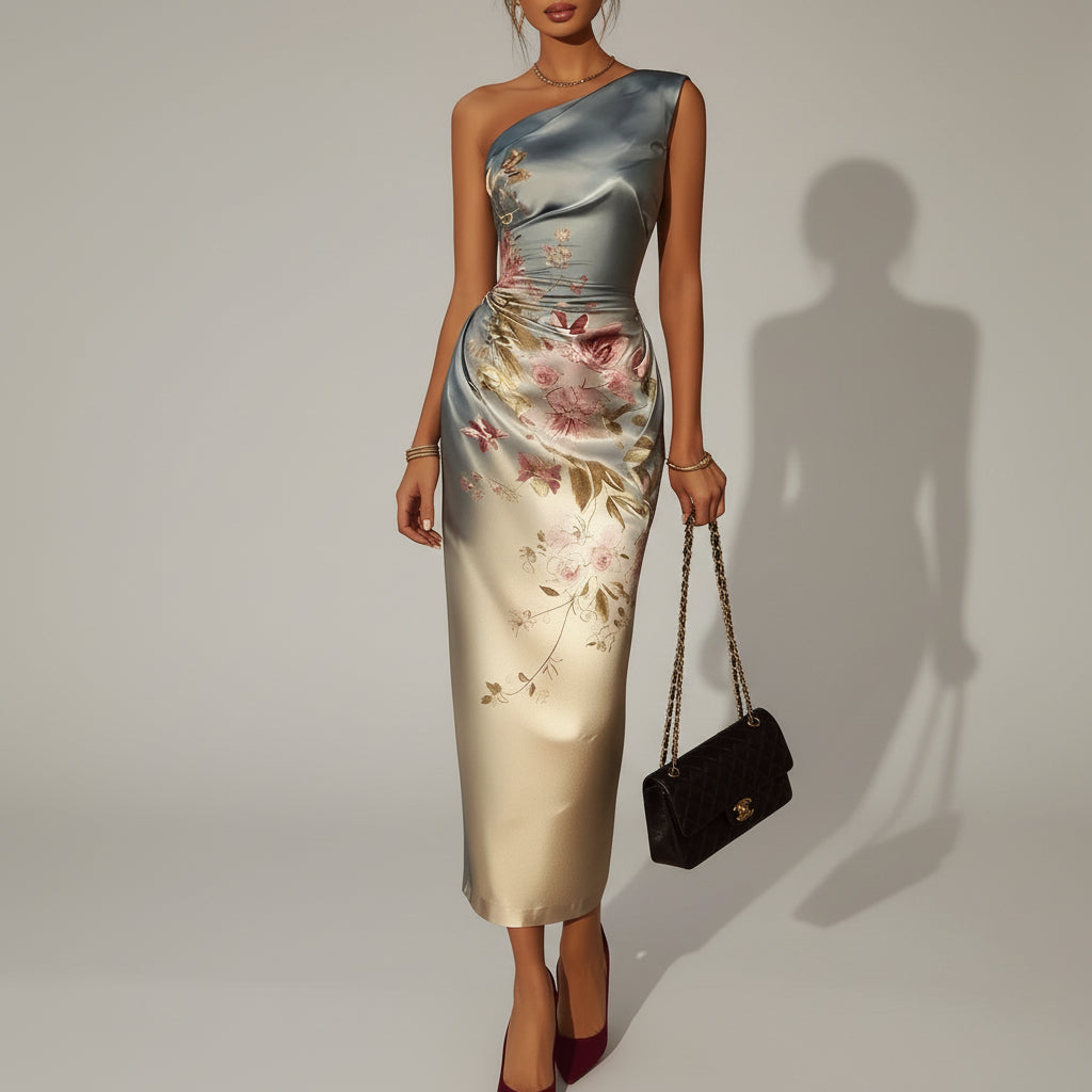 European-Made One-Shoulder Floral Gradient Midi Dress with Structured Drape
