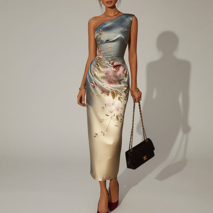 European-Made One-Shoulder Floral Gradient Midi Dress with Structured Drape
