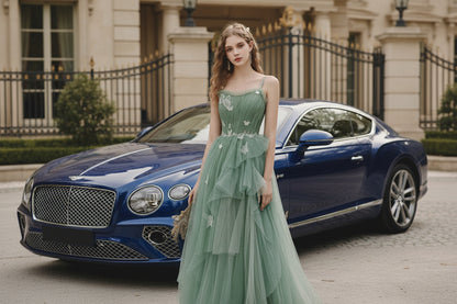 Sage green butterfly evening dress with square sheer neckline and delicate spaghetti straps 