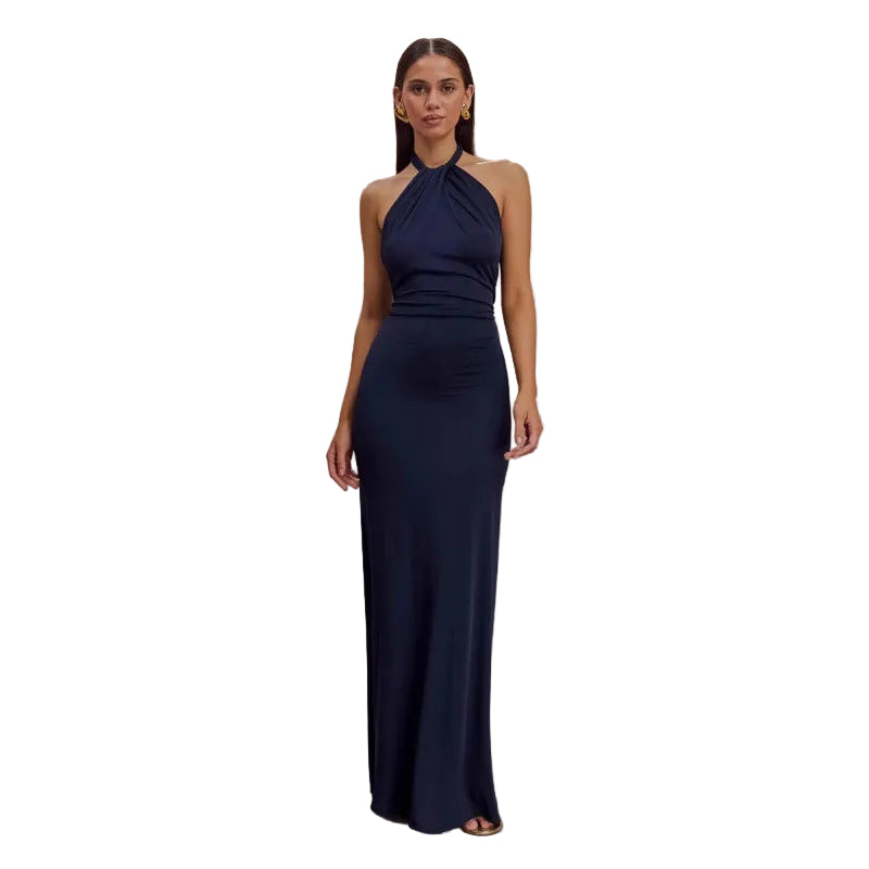 Dark blue halter maxi dress - backless evening gown with fitted waist for formal events


