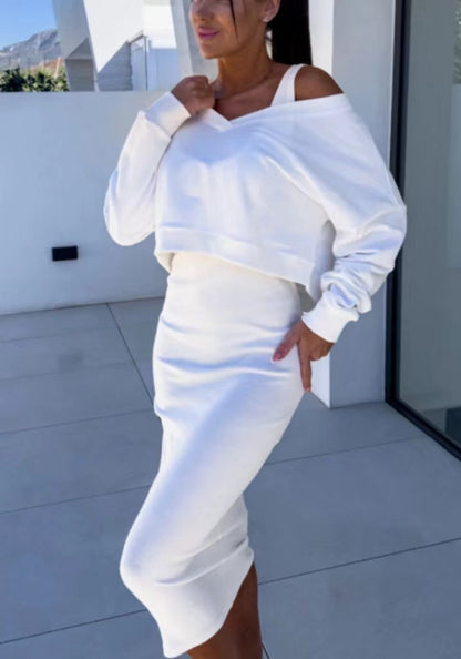 Long sleeve V-neck sweatshirt and midi dress set in white– front view, feminine layered matching set
