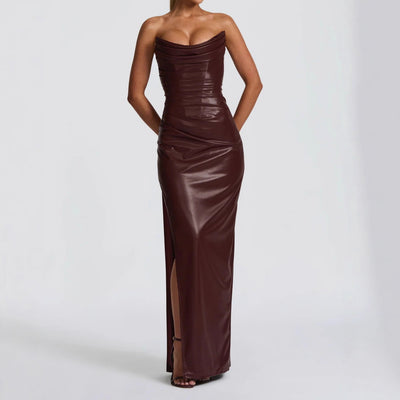 Brown strapless evening gown