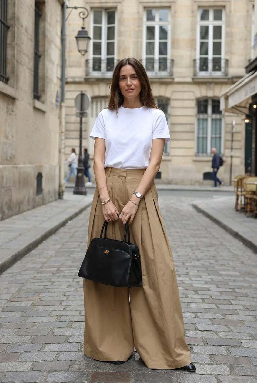 A person wearing a white sleeveless top and very wide-leg pleated tan pants,.