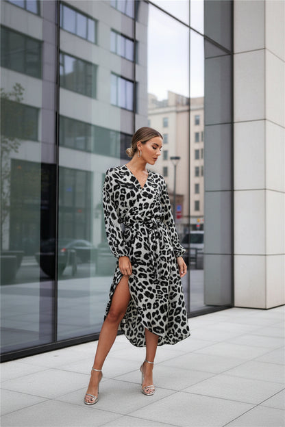  Leopard print wrap dress in multiple colors – brown, gray and white
