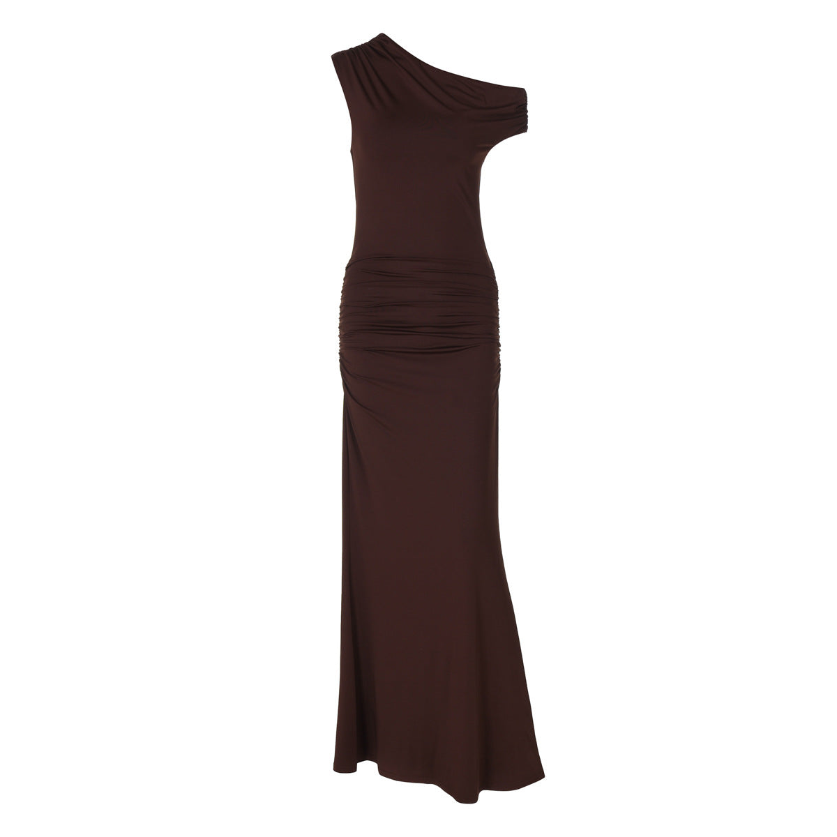 Brown cocktail party dress - one-shoulder formal gown with thigh-high slit

