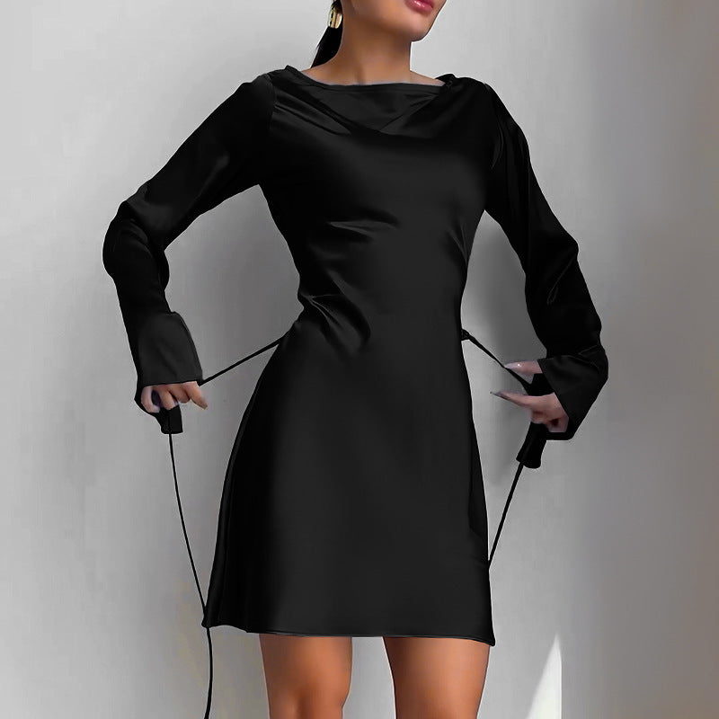 Satin Tie-Back Bell Sleeve Mini Dress – view 4