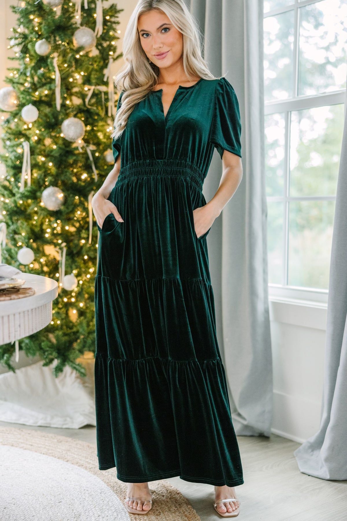 Velvet Tiered Maxi Dress with Pockets in Dark Green