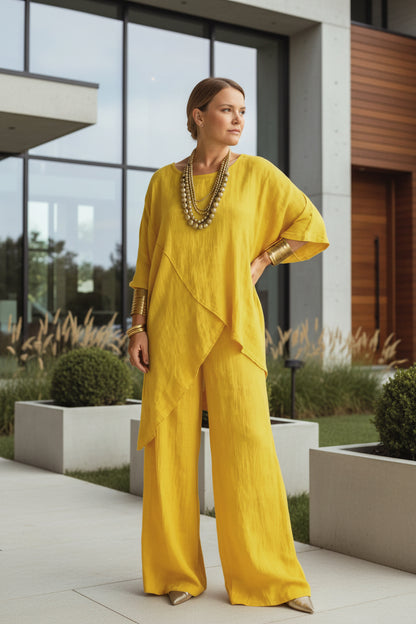 Full outfit view of cotton linen crew-neck loose two-piece set in yellow