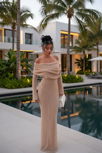 One-shoulder knitted long sleeve bodycon maxi dress in apricot – high waist women's dress
