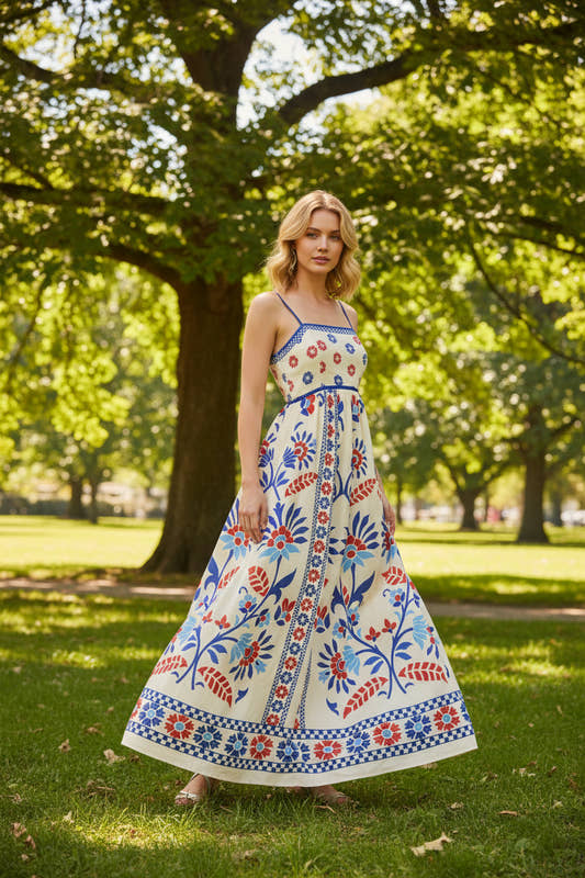 Woman wearing a boho floral maxi dress with thin straps, square neckline, and flowing skirt



