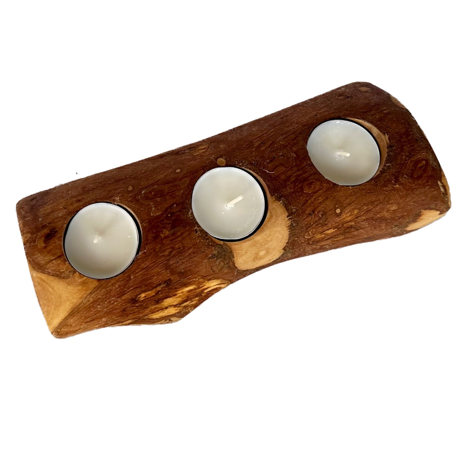 olive Wooden candle holder with three white candles handmade