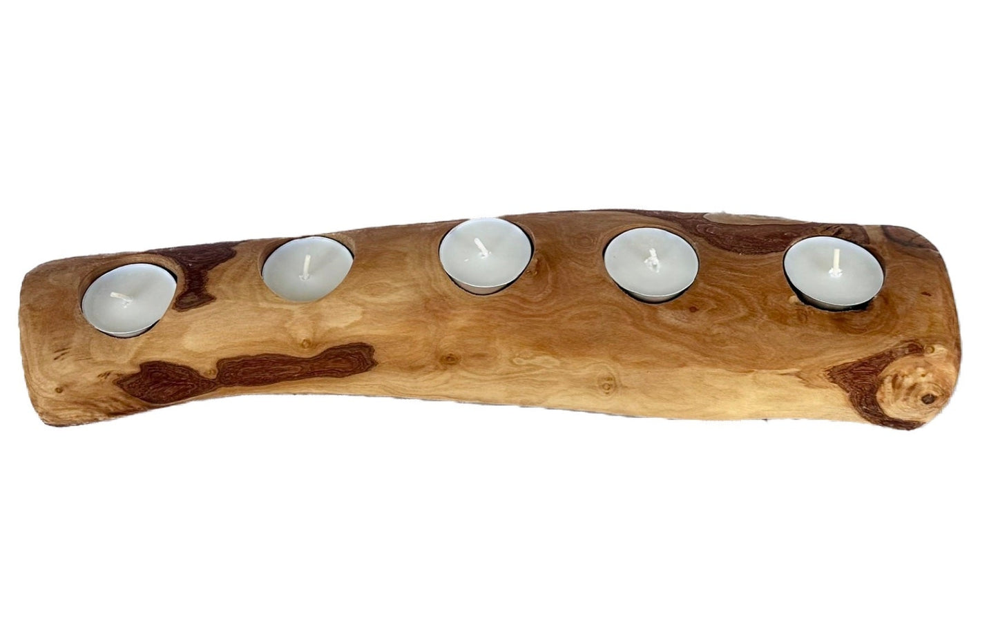 real olive Wood  candle holder with five white candles 