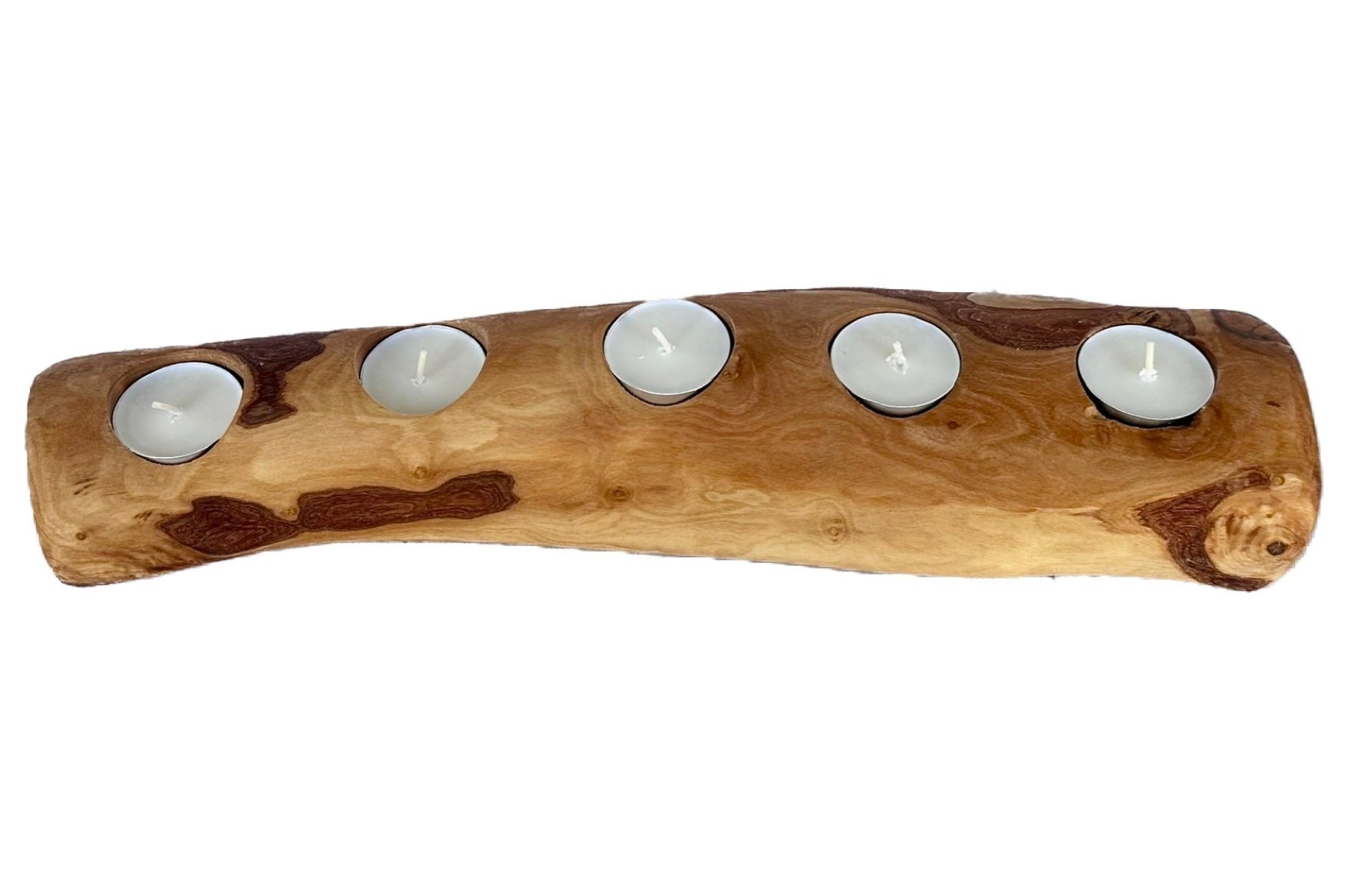 real olive Wood  candle holder with five white candles 