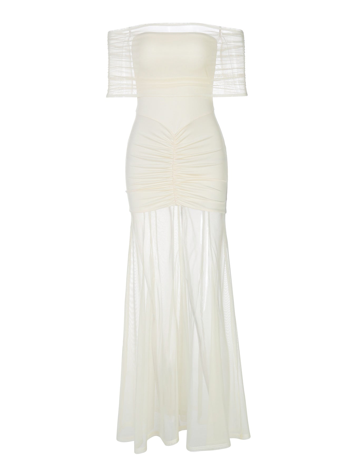 Off-Shoulder Bodycon Maxi Dress with Draped Mesh Overlay

