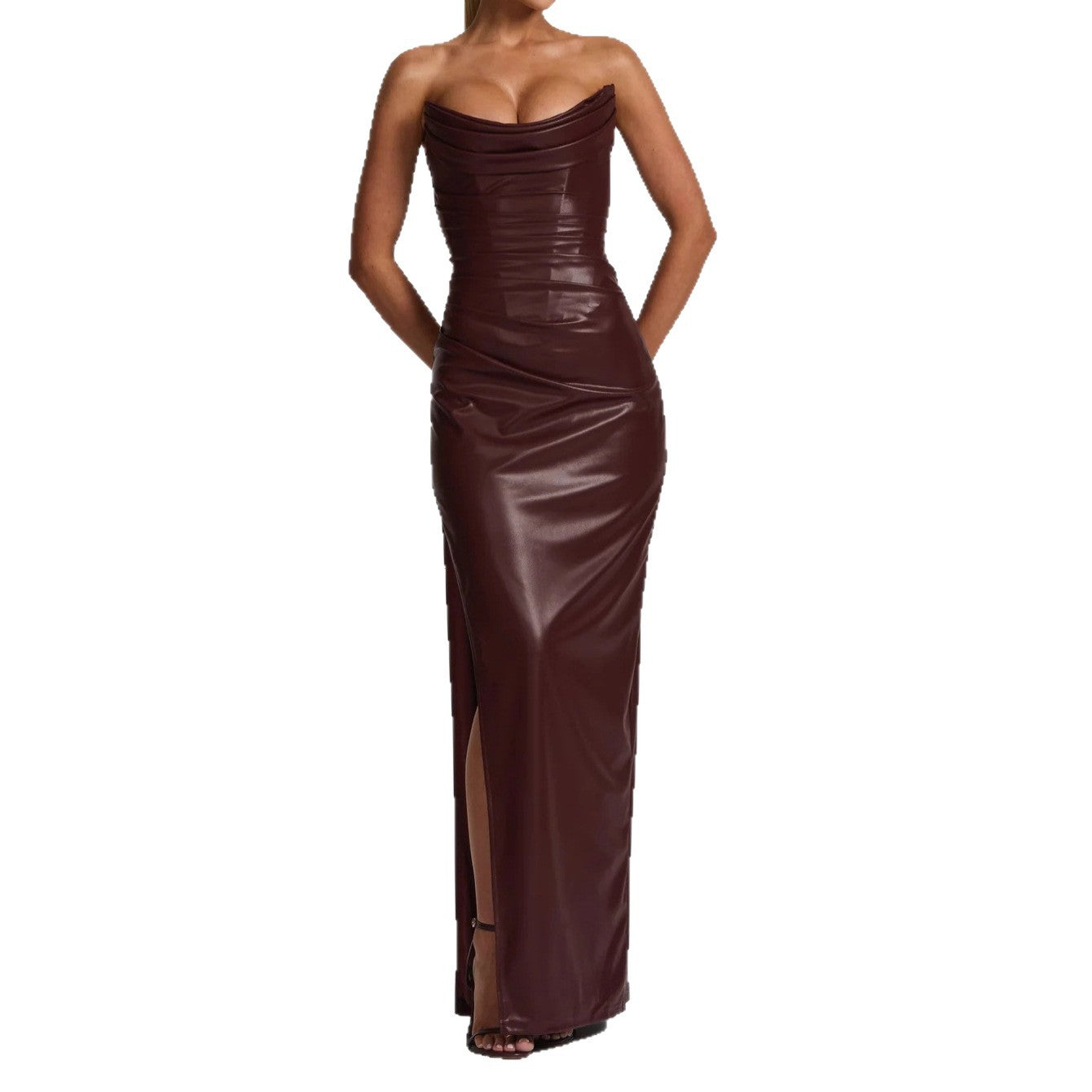 Brown strapless faux leather evening gown 