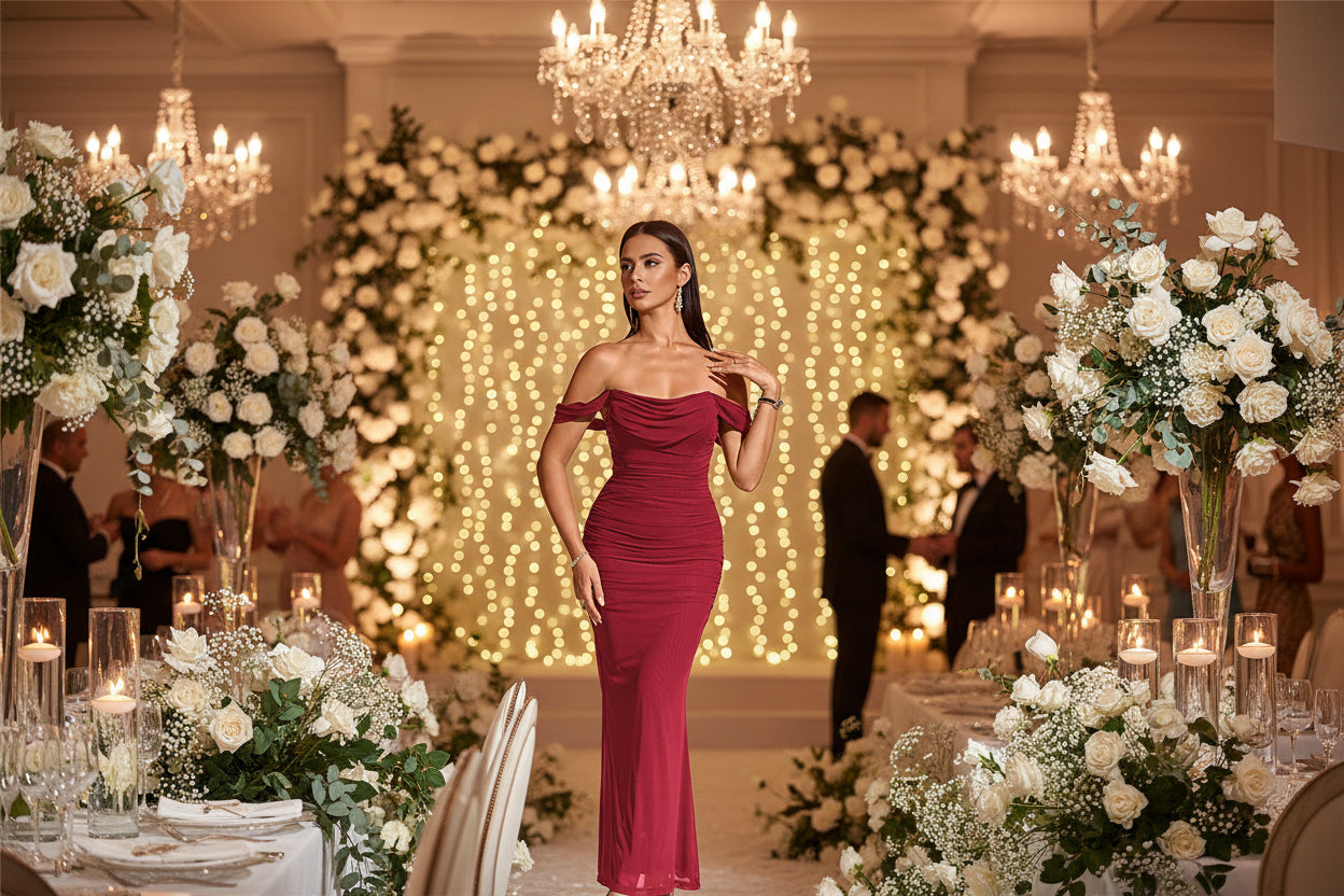 Burgundy prom dress - off shoulder ruched maxi gown for formal dance

