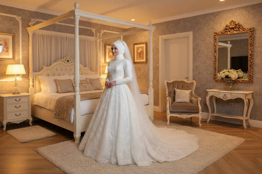 Woman in a white lace wedding dress with a hijab in a well-lit indoor setting.