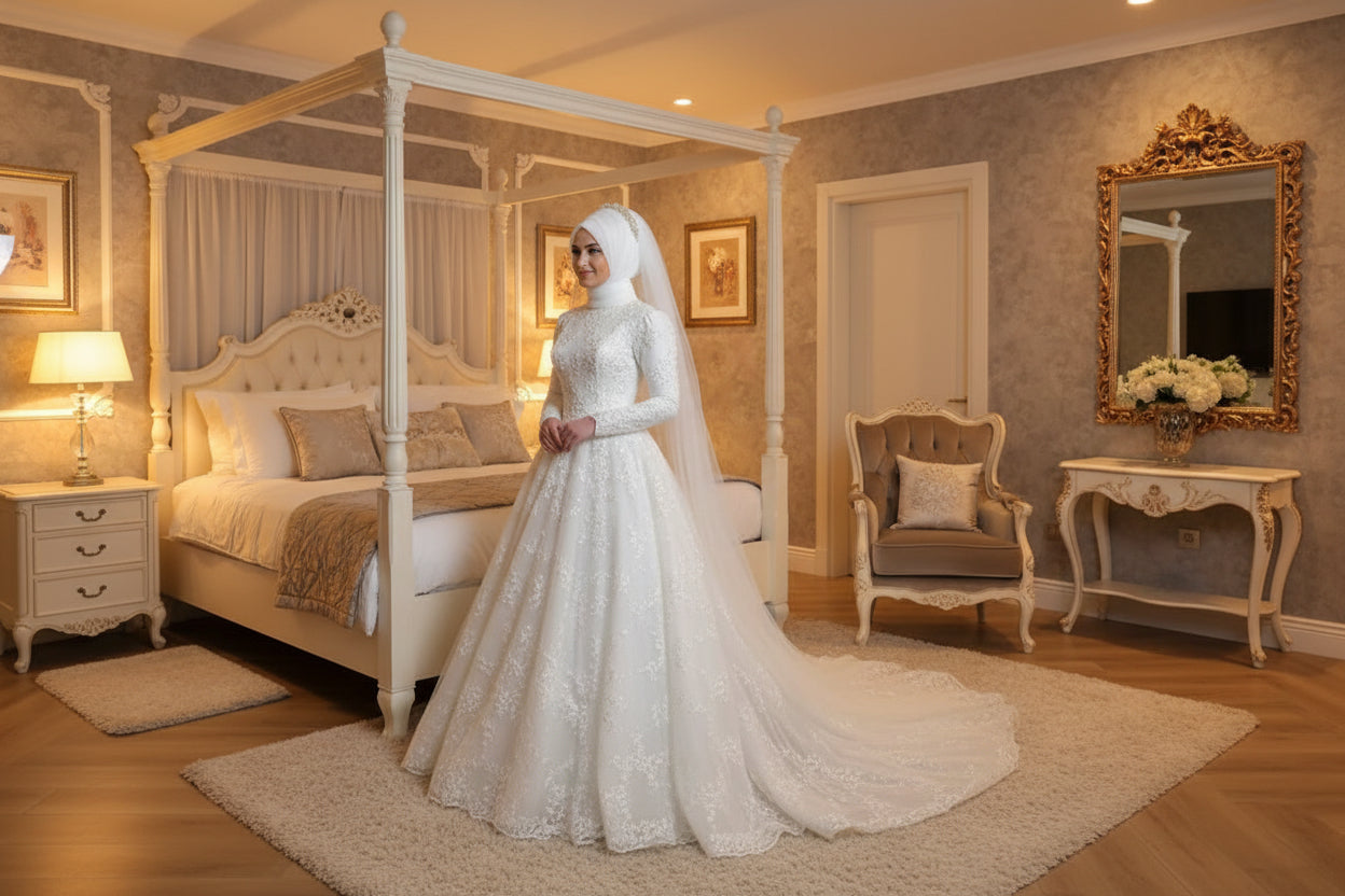 Woman in a white lace wedding dress with a hijab in a well-lit indoor setting.