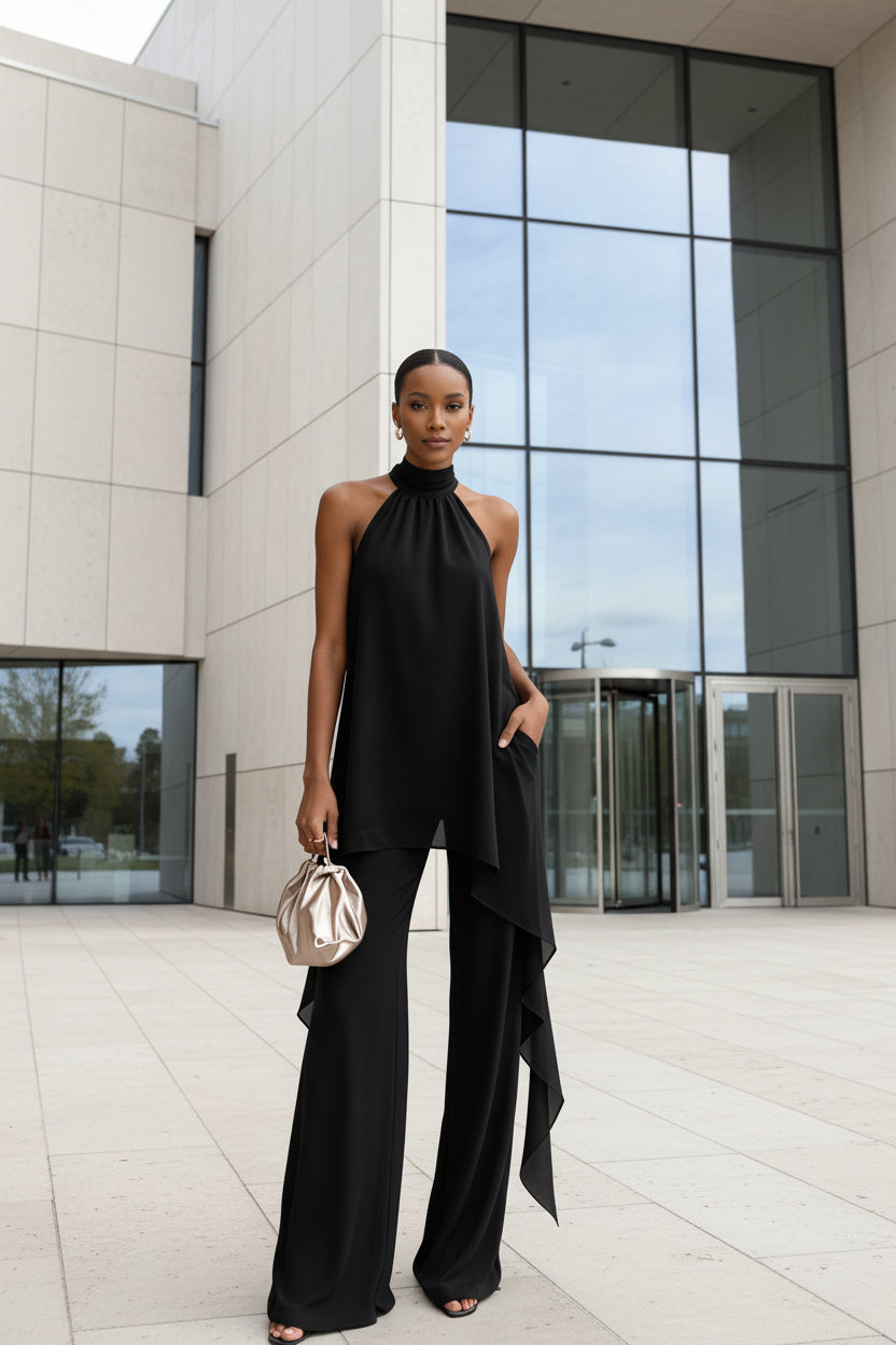 Sleeveless open-back irregular hem two-piece set in black for resort and vacation wear