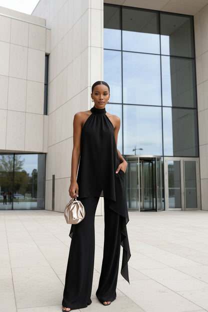 Sleeveless open-back irregular hem two-piece set in black for resort and vacation wear