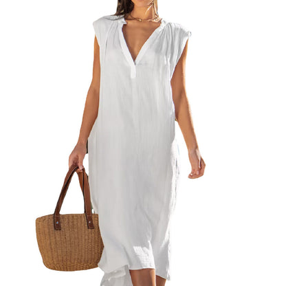 Sleeveless V-neck high waist A-line midi dress in white – front view, pleated skirt and structured bodice
