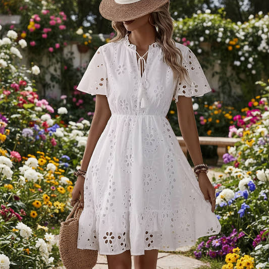 Woman wearing a white lace dress with a straw hat 