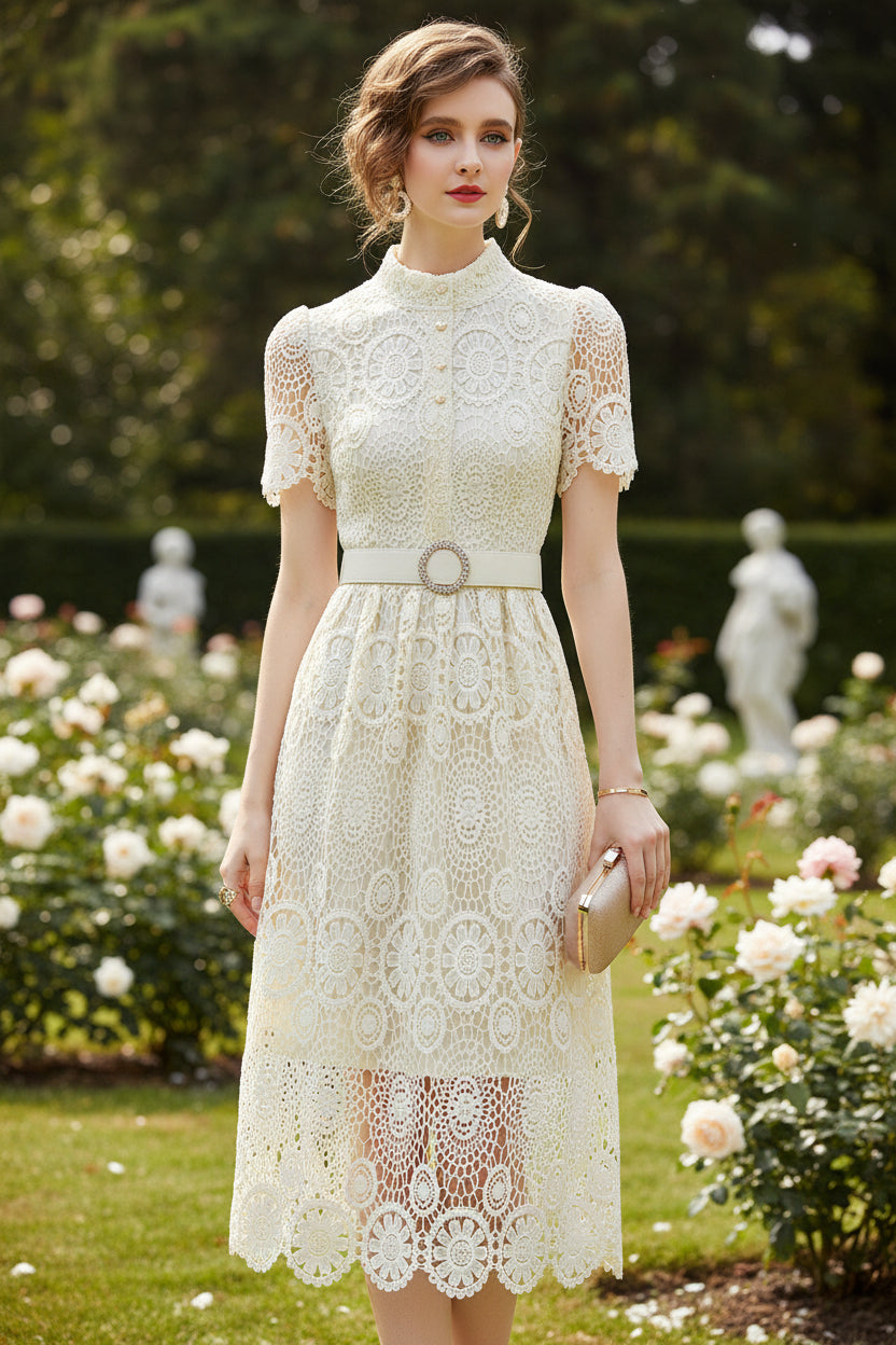 Woman wearing a white lace dress 