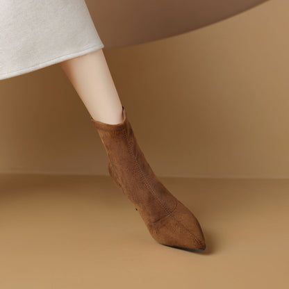 Pointed-Toe Suede Kitten Heel Ankle Boots